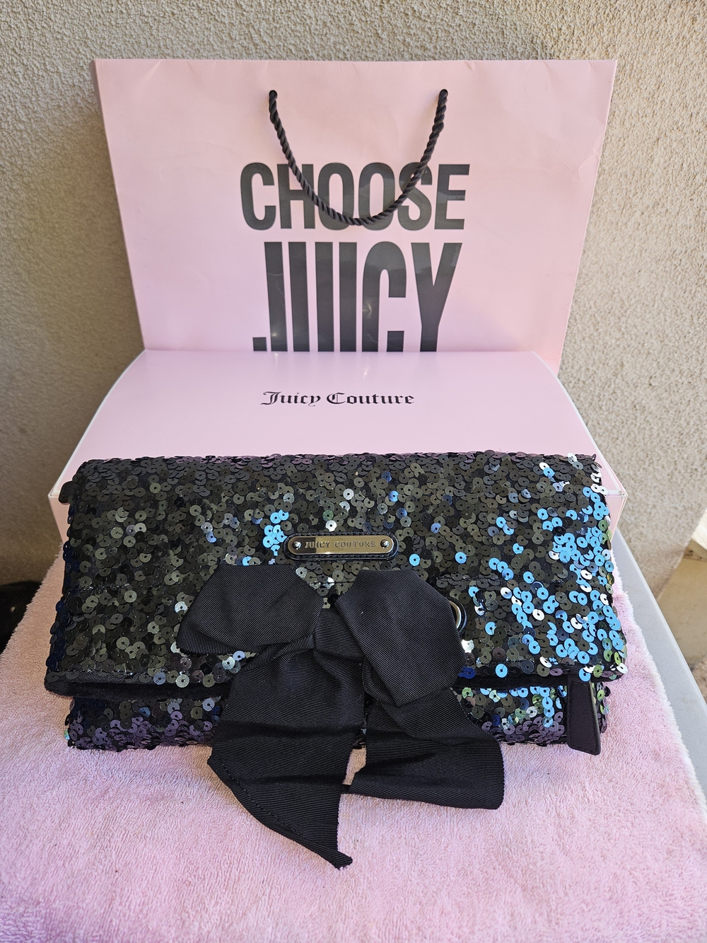 Juicy Couture Black Sequin Bow Evening Clutch